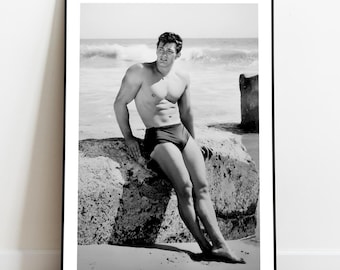 Vintage photograph of gay male on the beach, Black and White Photo, Gay Print, Retro Poster, Gay Wall Art, Beefcake, Printable Art Print