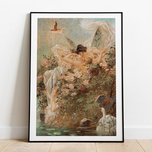 Lesbisk konst, Hans Zatzka Två älvor, Lesbiskt tryck, Vintagekonst, Lesbisk målning, WLW Konsttryck, Romantisk Väggkonst, Sappisk Konst, Digitalt