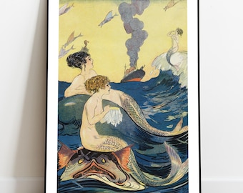 Vintage Mermaids Print, WLW Wall Art, Art Nouveau, Sapphic Poster, Mystical Queer Decor, Antique Ocean Illustration