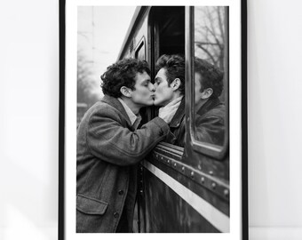 Gay Couple Train Kiss Print, Black and White Photography, Romantic Queer Wall Art, Vintage Style Decor