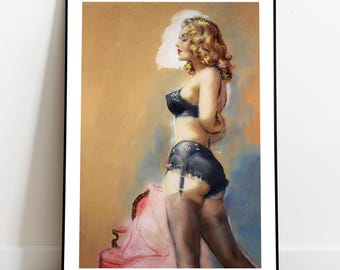 Lesbian Pin-Up Art Print by Paul Rader, Vintage Sapphic Painting, Retro WLW Wall Art, Queer Home Decor, Digital Download
