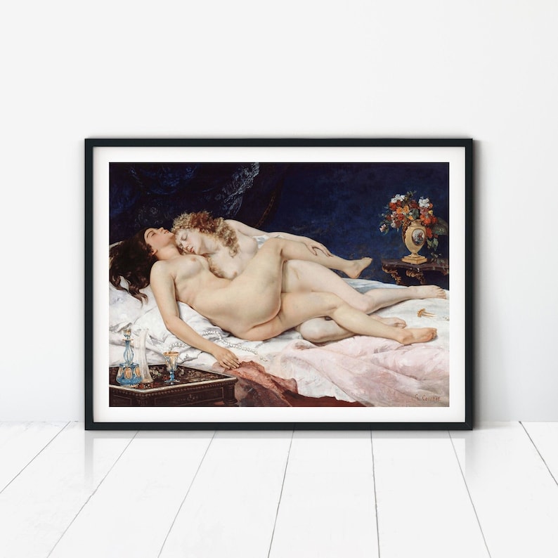 Remastered painting “Le Sommeil” (1866) by Gustave Courbet of two nude women embracing on a bed.