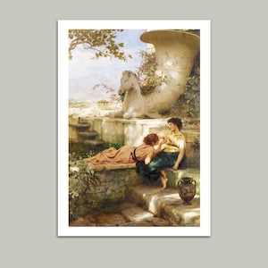 May include: A classical painting depicts two women in a garden setting. One reclines, while the other sits, with a large decorative urn and a stone horse statue in the background. The scene is bathed in natural light, with a serene and romantic atmosphere.