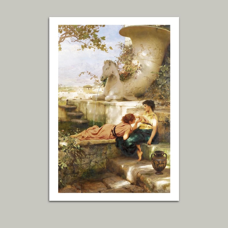 May include: A classical painting depicts two women in a garden setting. One reclines, while the other sits, with a large decorative urn and a stone horse statue in the background. The scene is bathed in natural light, with a serene and romantic atmosphere.