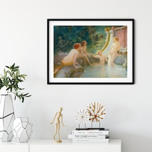 May include: A framed print of a classical painting depicting nude figures in a water setting. The artwork features a lush green background and a fountain, with the figures in various poses.