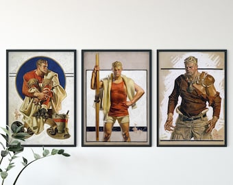 Set of 3 Leyendecker Men Illustrations, Vintage Gay Art Prints, Retro Queer Wall Art, Classic LGBTQ Decor