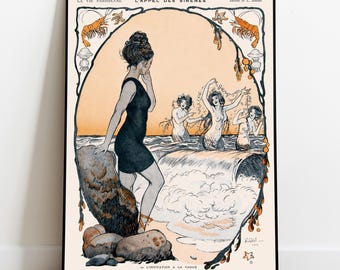Antique Mermaid Print, 1915 Vintage French Art, Sapphic Poster, Art Nouveau Decor, Lesbian Siren Art, La Vie Parisienne