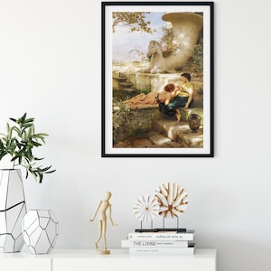 May include: Framed art print depicting a classical scene with figures near a large urn and a stone horse statue. The artwork is in a black frame, displayed above a white cabinet with decorative items, including vases and wooden sculptures.