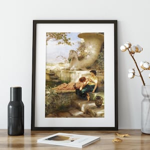 May include: Framed print of a classical painting depicting two women in a garden setting. One woman reclines, while the other sits, with a white horse statue and large urn in the background. The artwork is framed in a black border.