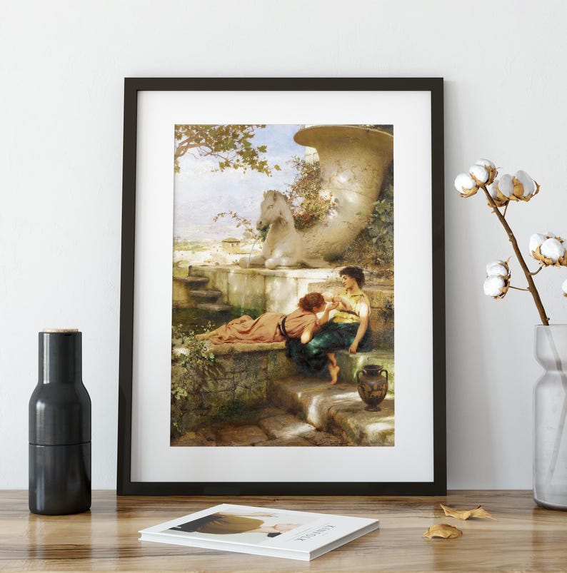 May include: Framed print of a classical painting depicting two women in a garden setting. One woman reclines, while the other sits, with a white horse statue and large urn in the background. The artwork is framed in a black border.
