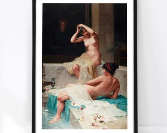 Pompeian Bath Painting, Classical Sapphic Print, Lesbian Wall Art, Sensual Women Art, Romantic Couple Decor