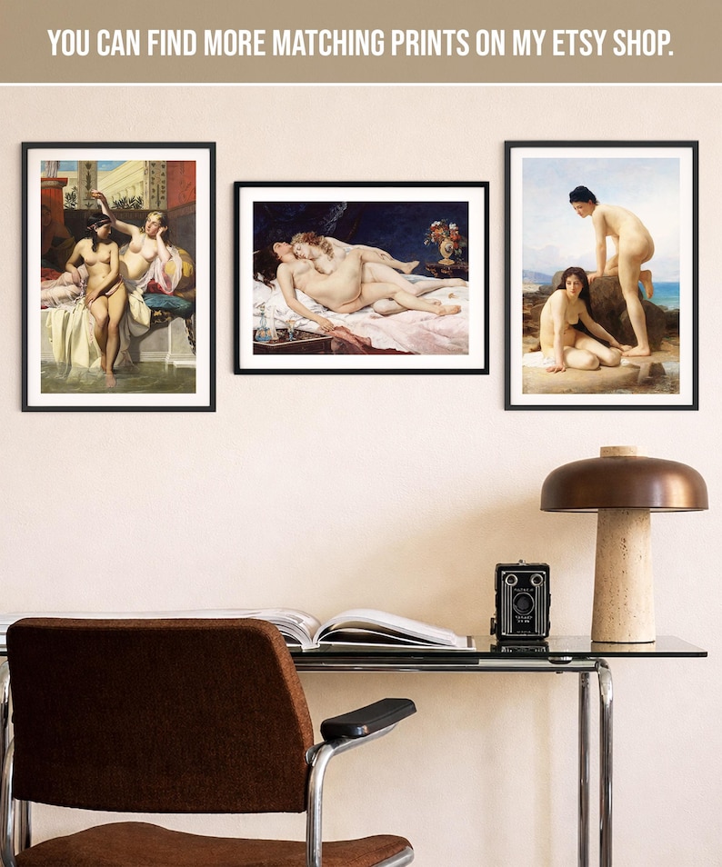 May include: Three framed art prints displayed on a wall above a desk. The prints feature classical paintings of figures in various settings. The text at the top reads: YOU CAN FIND MORE MATCHING PRINTS ON MY ETSY SHOP. The frames are black.