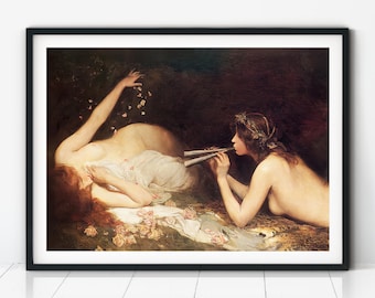 Lesbian Art Print, Romantic Sapphic Painting, Classical Nymph Wall Art, Love Between Women, Vintage Queer Decor