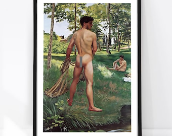 Gay Art Print, 1868 Male Figure Painting, Fisherman Poster, Queer Wall Art, Sensual Masculine, Retro Bathroom Decor