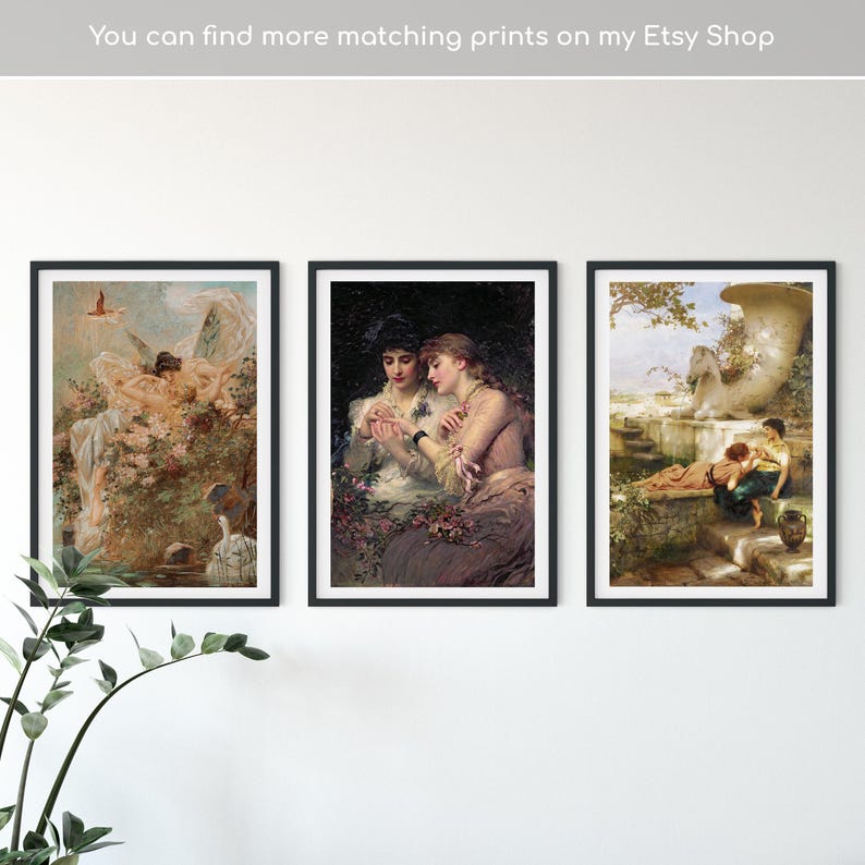 May include: Three framed art prints with classical paintings. The artwork features figures in romantic scenes with soft colors and detailed brushstrokes. The frames are black, and the prints are displayed on a white wall.