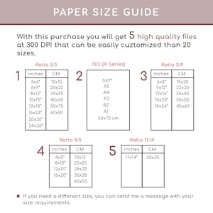 Pode incluir: Um guia de tamanhos de papel com cinco se&ccedil;&otilde;es, cada uma etiquetada com um n&uacute;mero e uma propor&ccedil;&atilde;o. O guia lista diferentes tamanhos em polegadas e cent&iacute;metros para v&aacute;rios tamanhos de papel, incluindo 4x6 polegadas, 6x8 polegadas, 8x10 polegadas, 10x12 polegadas, 12x16 polegadas, 15x20 polegadas, 18x24 polegadas, 20x30 polegadas, 24x36 polegadas, 5x7 polegadas, A5, A4, A3, A2, A1, 4x5 polegadas, 8x10 polegadas, 12x15 polegadas, 16x20 polegadas e 11x14 polegadas.
