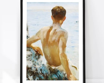 Classic Gay Art Print, Beach Study by Henry Scott Tuke, Vintage Male Figure Art, Coastal Wall Art, 1920s Antique Painting, Queer Decor