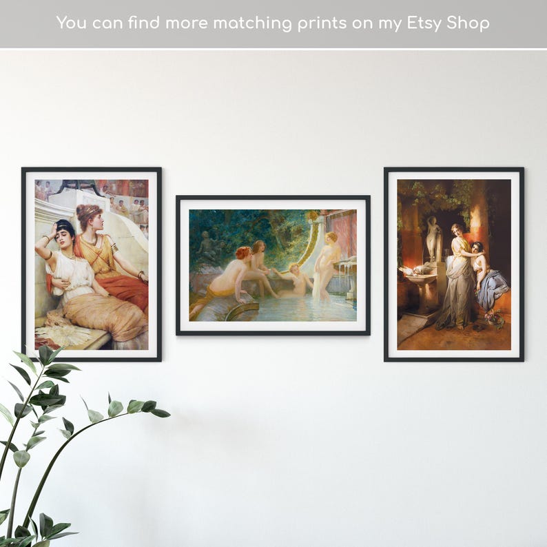 May include: Three framed art prints featuring classical paintings. The artwork depicts figures in classical settings, with warm and cool tones. The prints are in black frames, displayed on a white wall.