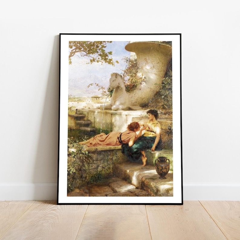 May include: Framed art print of a classical painting depicting two figures near a fountain. The artwork features a white horse statue, a large urn, and a serene outdoor setting with soft colors and detailed brushstrokes.