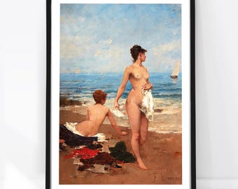 The Bathers Art Print, 1901 Vintage Sapphic Painting, Lesbian Wall Art, Women Bathing Scene, Seaside Decor, Classical Beach Art
