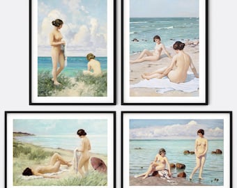Set of 4 Romantic Seaside Paintings, Lesbian Art Prints, WLW Illustrations, Feminism Classical Art, Gallery Wall Decor