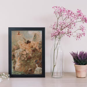 May include: A rectangular black frame containing a print of a painting depicting two winged figures embracing amidst a lush floral landscape with a swan in the foreground. The artwork features soft pastel tones and intricate details of nature.