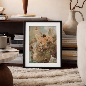 May include: A framed art print featuring a classical painting of winged figures resting amidst lush foliage and flowers near a body of water. The artwork displays soft pastel tones, a white mat, and a thin black frame, capturing a scene with a swan.