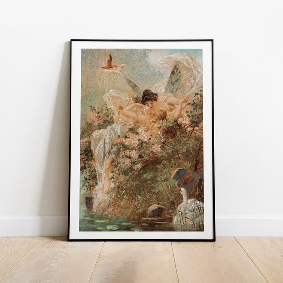 Lesbian Art, Hans Zatzka Two Fairies, Lesbian Print, Vintage Art, Lesbian Painting, WLW Art Print, Romantic Wall Art, Sapphic Art, Digital
