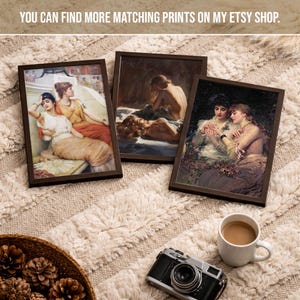 May include: Three framed art prints with classical paintings, featuring women in various scenes. The frames are dark brown. The image also includes a camera, a cup of coffee, and a basket of pinecones. Text on top says "YOU CAN FIND MORE MATCHING PRINTS ON MY ETSY SHOP."