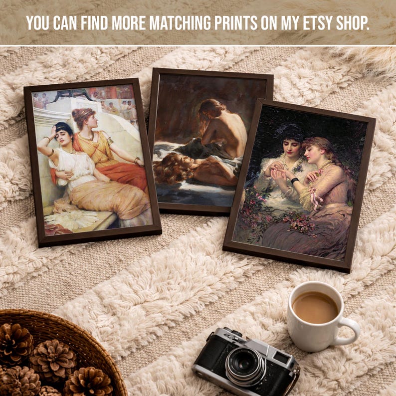 May include: Three framed art prints with classical paintings, featuring women in various scenes. The frames are dark brown. The image also includes a camera, a cup of coffee, and a basket of pinecones. Text on top says "YOU CAN FIND MORE MATCHING PRINTS ON MY ETSY SHOP."