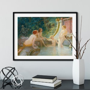 May include: Framed art print of a classical painting depicting nude figures in a water setting. The artwork features a lush green background, a waterfall, and figures with varying skin tones. The print is in a black frame.