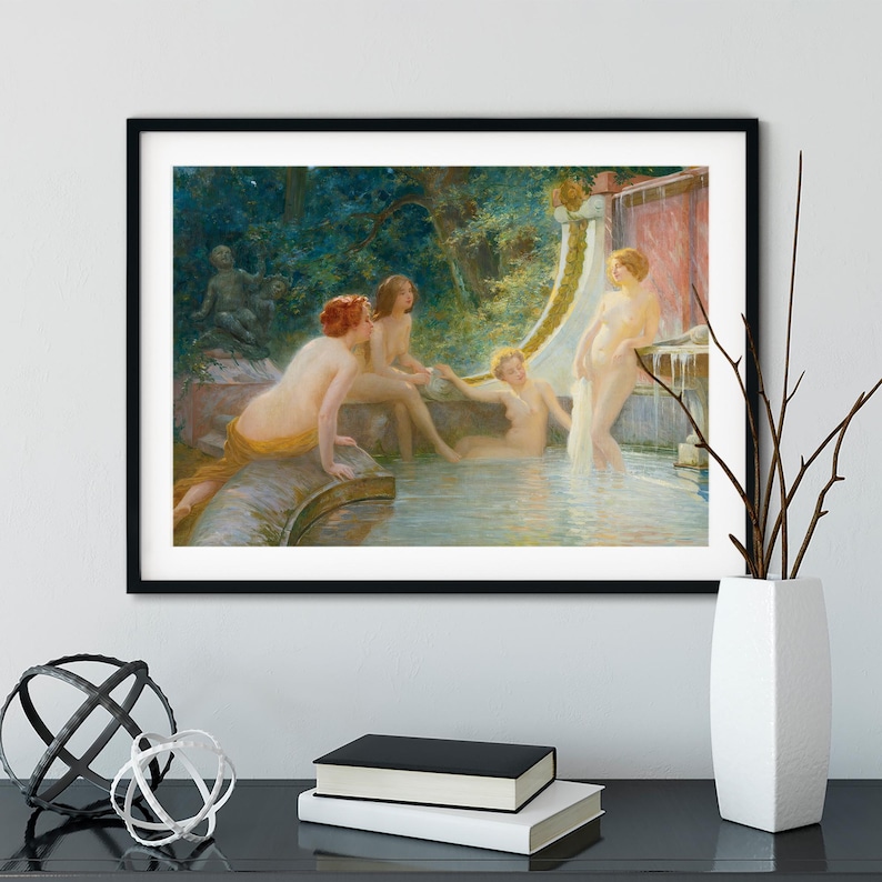 May include: Framed art print of a classical painting depicting nude figures in a water setting. The artwork features a lush green background, a waterfall, and figures with varying skin tones. The print is in a black frame.