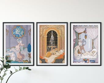 3er Set George Barbier Prints, Vintage Lesben Kunst, Sapphic Wall Art, TLW Dekor, romantische Galerie Wanddekoration