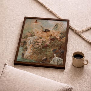 May include: A rectangular framed wall art print featuring a classical painting of winged figures reclining amidst lush flowers and greenery near a body of water with a white swan. The frame is made of dark brown wood with a simple, clean profile.