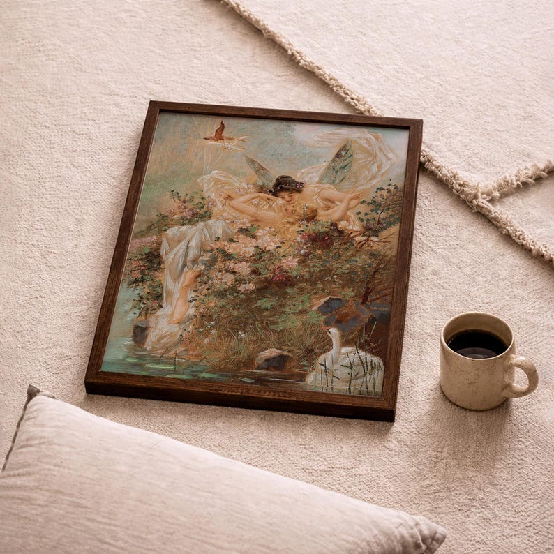 May include: A rectangular framed wall art print featuring a classical painting of winged figures reclining amidst lush flowers and greenery near a body of water with a white swan. The frame is made of dark brown wood with a simple, clean profile.