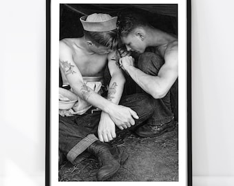 Tattooed Sailors Photo Print, Vintage Gay Poster, Black and White Photography, Homoerotic Art, Queer Wall Decor, Antique Navy Men Photo