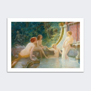 May include: A framed print of a classical painting depicting several nude figures in a water setting. The artwork features a fountain and lush greenery, with the figures in various poses, bathed in soft light.
