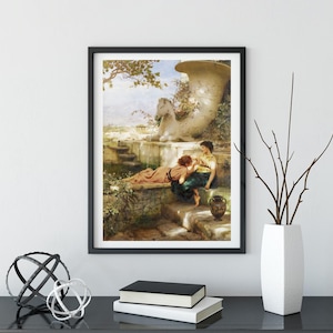 May include: Framed art print featuring a classical painting. The artwork depicts two figures in a garden setting, with a large sculpture and a water feature. The color palette includes greens, browns, and blues, creating a serene atmosphere.