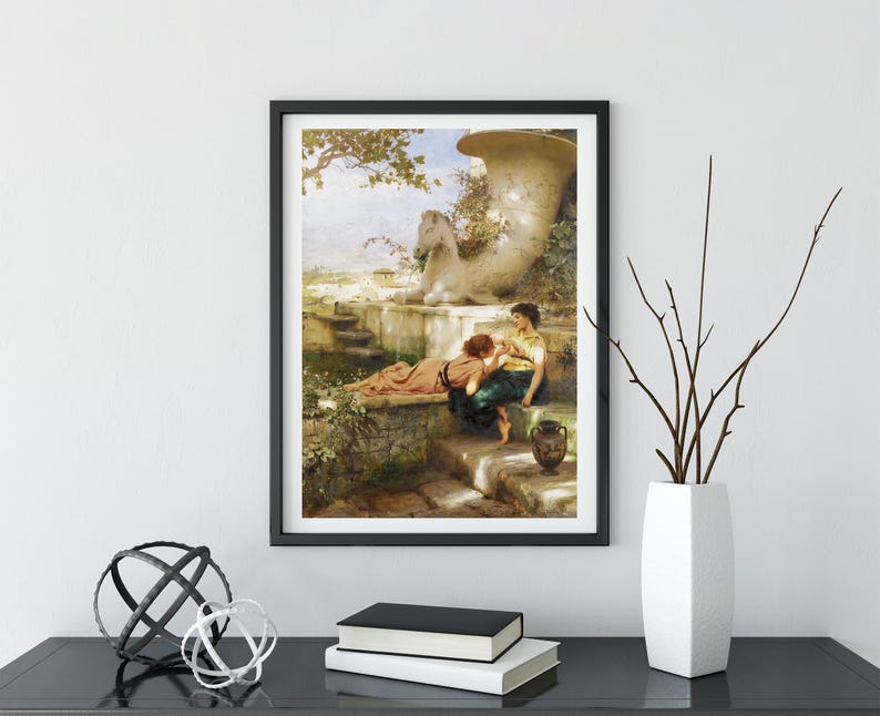 May include: Framed art print featuring a classical painting. The artwork depicts two figures in a garden setting, with a large sculpture and a water feature. The color palette includes greens, browns, and blues, creating a serene atmosphere.