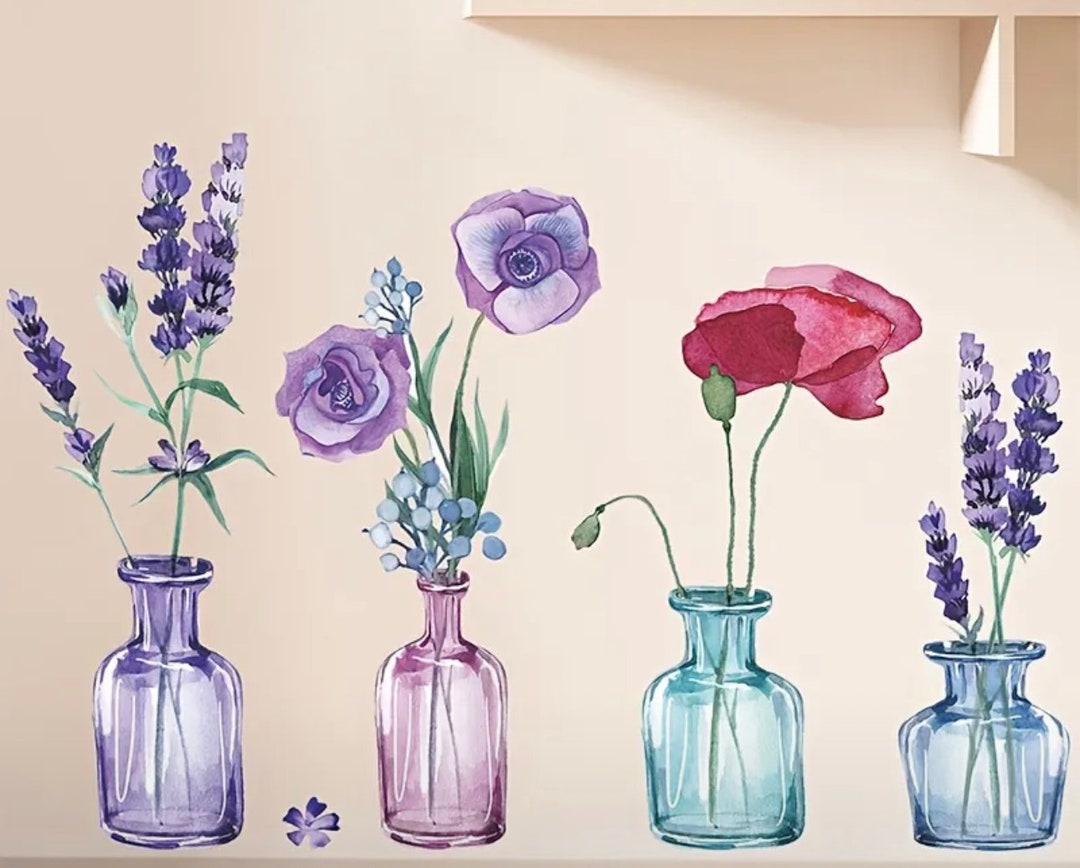 Watercolor Flower Vase Wall Stickers Removable PVC Lavender Corn Poppy