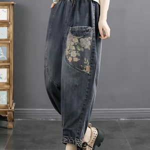 Women Jeans Denim Pant Baggy Trouser High Elastic Waist Loose Casual Vintage