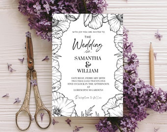Floral Wedding Invitation Template - Canva Template - Editable Wedding Invitation - DIY Printable Wedding Stationary - 3x5 4x6 5x7