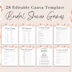 Pink Floral Bridal Shower Games Instant Download - Minimal Customizable Canva Templates - Printable Bridal Shower Games - Editable Games