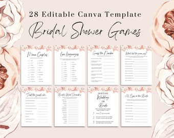 Pink Floral Bridal Shower Games Instant Download - Minimal Customizable Canva Templates - Printable Bridal Shower Games - Editable Games