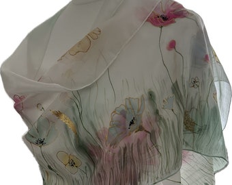 Hand-Painted Wildflower Silk Scarf: Long Pink & Teal Shawl