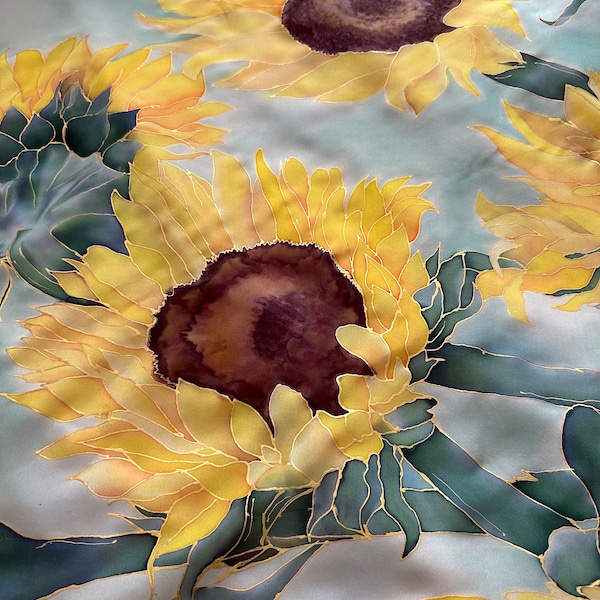 Van Gogh Sunflowers Hand Painted Square Silk Scarf / Shawl, Teal Green Background - Hand Made Woman Scarf, 90 x 90cm,  Made to Order