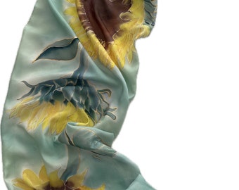 Hand-Painted Silk Scarf: Van Gogh Sunflowers, Teal Green Shawl. Long Scarf 150cm x 40cm. Pre Order