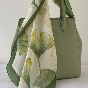 Hand-Painted Silk Scarf: Tropical Ginkgo Golden Green Leaves