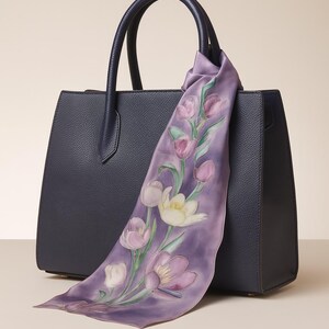 Hand-Painted Purple Tulip Silk Scarf: Batik Art, Gift Boxed