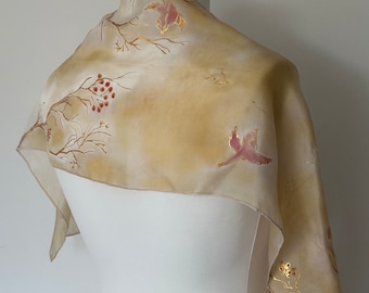 Gold and Brown scarf, bird with Berries, Trees,  Hand Painted Long Silk Scarf Gift for wife,Her, Mother, Birthday 114 x 28 cm  Ready to Ship